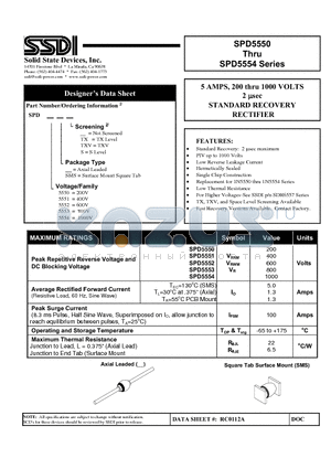 SPD5553 datasheet - 5 AMPS, 200 thru 1000 VOLTS 2 lsec STANDARD RECOVERY RECTIFIER