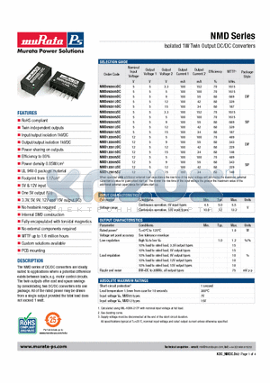 NMD120515SC datasheet - Isolated 1W Twin Output DC/DC Converters