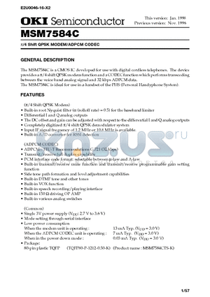 MSM7584CTS-K datasheet - pi /4 Shift QPSK MODEM/ADPCM CODEC