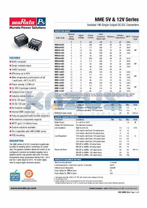 NME0505DC datasheet - Isolated 1W Single Output DC/DC Converters