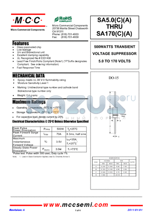 SA5.0A datasheet - 500WATTS TRANSIENT VOLTAGE SUPPRESSOR 5.0 TO 170 VOLTS