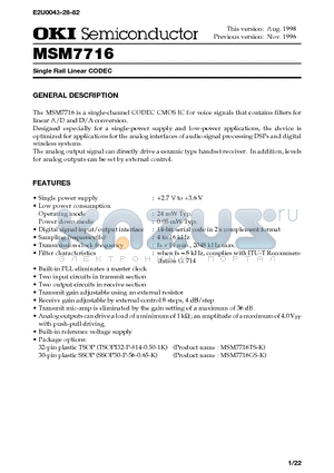 MSM7716GS-K datasheet - Single Rail Linear CODEC