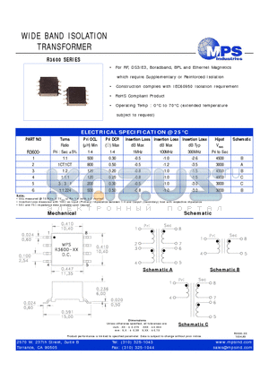 R3600-2 datasheet - WIDE BAND ISOLATION TRANSFORMER