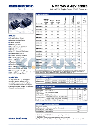 NME4809D datasheet - Isolated 1W Single Output DC-DC Converters
