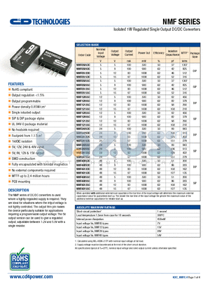 NMF0509DC datasheet - Isolated 1W Regulated Single Output DC/DC Converters