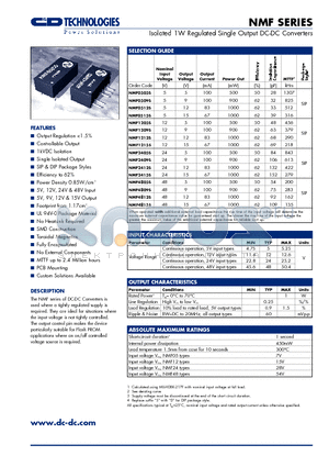 NMF0509S datasheet - Isolated 1W Regulated Single Output DC-DC Converters