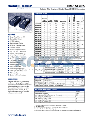 NMF0505S datasheet - Isolated 1W Regulated Single Output DC-DC Converters