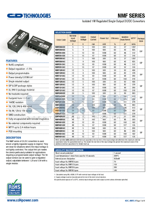 NMF0512DC datasheet - Isolated 1W Regulated Single Output DC/DC Converters