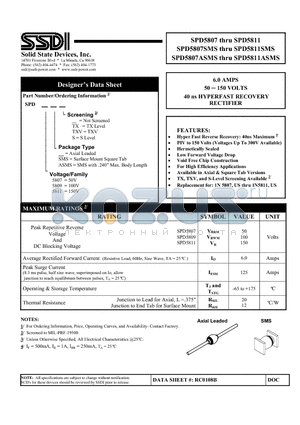SPD5807ASMSS datasheet - 6.0 AMPS 50 - 150 VOLTS 40 ns HYPERFAST RECOVERY RECTIFIER