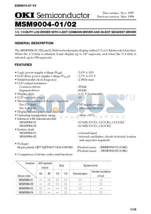 MSM9004 datasheet - 1/3, 1/4 DUTY LCD DRIVER WITH 4-DOT COMMON DRIVER AND 49-DOT SEGMENT DRIVER