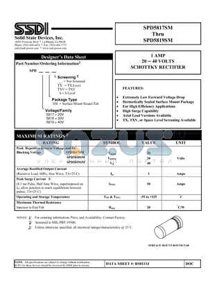 SPD5817SM datasheet - 1 AMP 20 - 40 VOLTS SCHOTTKY RECTIFIER