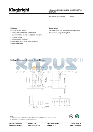 SA52-11GWA datasheet - 13.2mm(0.52INCH) SINGLE DIGIT NUMERIC DISPLAY