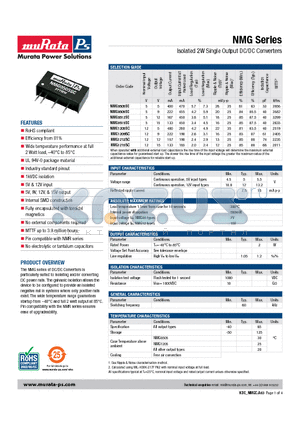 NMG0512SC datasheet - Isolated 2W Single Output DC/DC Converters