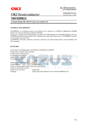MSM9811 datasheet - 4-Channel Mixing OKI ADPCM Type Voice Synthesis LSI