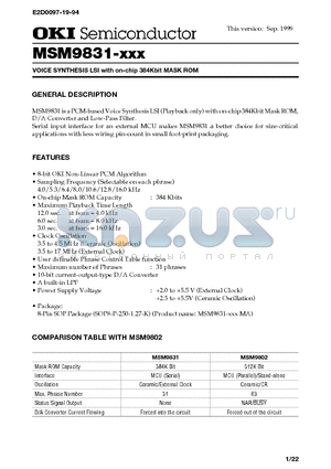 MSM9831 datasheet - VOICE SYNTHESIS LSI with on-chip 384Kbit MASK ROM