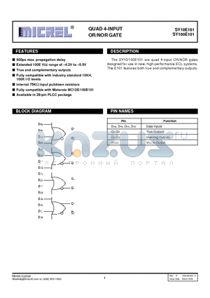 SY10E101JC datasheet - QUAD 4-INPUT OR/NOR GATE