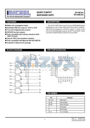 SY10E104 datasheet - QUINT 2-INPUT AND/NAND GATE