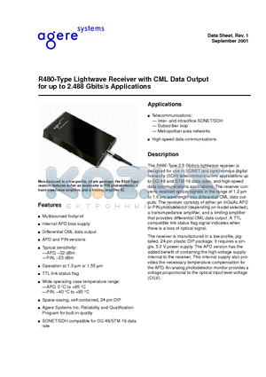 R480FPBB datasheet - R480-Type Lightwave Receiver with CML Data Output for up to 2.488 Gbits/s Applications