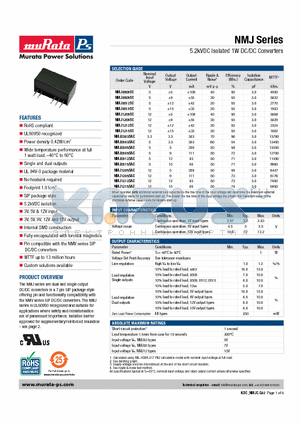 NMJ0512SC datasheet - 5.2kVDC Isolated 1W DC/DC Converters
