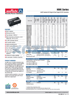 NMK1212SC datasheet - 3kVDC Isolated 2W Single & Dual Output DC/DC Converters