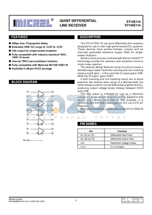 SY10E116JY datasheet - QUINT DIFFERENTIAL LINE RECEIVER