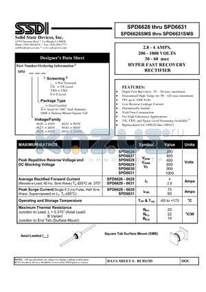 SPD6626B datasheet - 2.8 - 4 AMPS 200 - 1000 VOLTS 30 - 60 nsec HYPER FAST RECOVERY RECTIFIER