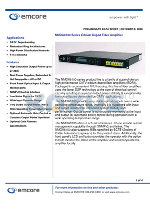 NMOA8100-XX01-1012 datasheet - Erbium Doped Fiber Amplifier