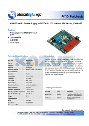 MSMPS104A datasheet - Power Supply, 8-20VDC in, 5V 10A out, 12V 1A out