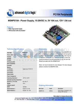 MSMPS104 datasheet - Power Supply, 15-28VDC in, 5V 10A out, 12V 1.5A out
