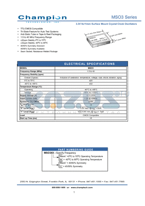 MSO3 datasheet - 3.3V 9x11mm Surface Mount Crystal Clock Oscillators