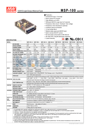 MSP-100 datasheet - 100W Single Output Medical Type