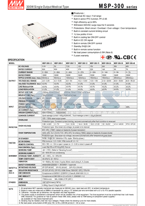 MSP-300-15 datasheet - 300W Single Output Medical Type