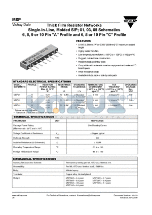 MSP06 datasheet - Thick Film Resistor Networks Single-In-Line, Molded SIP 01, 03, 05 Schematics 6, 8, 9 or 10 Pin A Profile and 6, 8 or 10 Pin C Profile