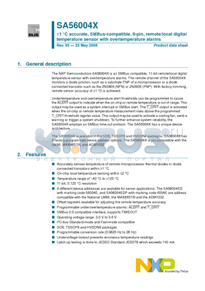 SA56004AD datasheet - a1 `C accurate, SMBus-compatible, 8-pin, remote/local digital temperature sensor with overtemperature alarms