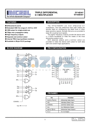 SY10E457 datasheet - TRIPLE DIFFERENTIAL 2:1 MULTIPLEXER