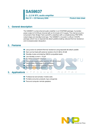 SA58637 datasheet - 2 X 2.2 W BTL audio amplifier