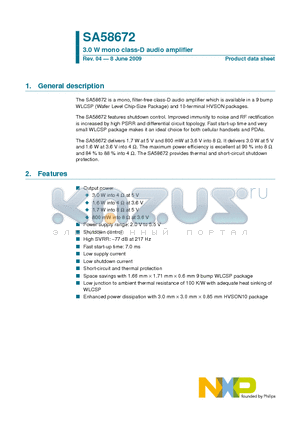 SA58672TK datasheet - 3.0 W mono class-D audio amplifier