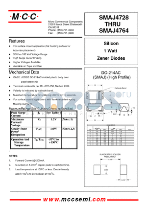 SMAJ4757 datasheet - Silicon 1 Watt Zener Diodes