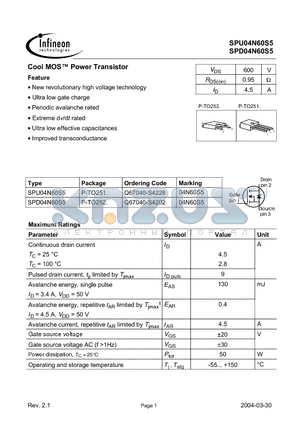 SPDU04N60S5 datasheet - Cool MOS Power Transistor