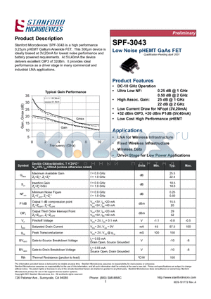 SPF-3043 datasheet - Low Noise pHEMT GaAs FET
