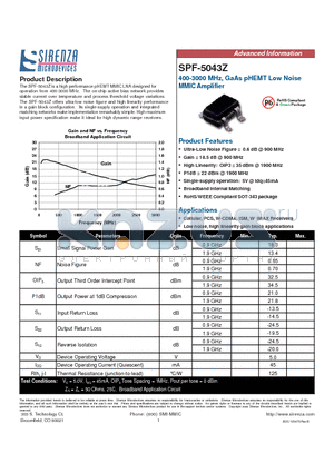 SPF-5043Z datasheet - 400-3000 MHz, GaAs pHEMT Low Noise MMIC Amplifier