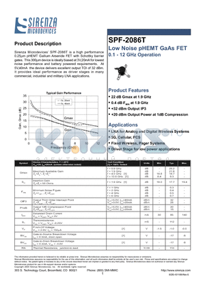 SPF-2086T datasheet - Low Noise pHEMT GaAs FET 0.1 - 12 GHz Operation
