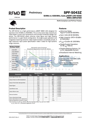 SPF-5043Z datasheet - 50MHz to 4000MHz, GaAs pHEMT LOW NOISE MMIC AMPLIFIER