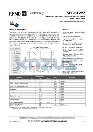 SPF-5122Z-EVB1 datasheet - 50MHz to 4000MHz, GaAs pHEMT LOW NOISE MMIC AMPLIFIER