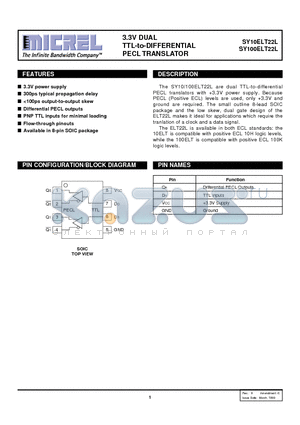 SY10ELT22LZC datasheet - 3.3V DUAL TTL-to-DIFFERENTIAL PECL TRANSLATOR