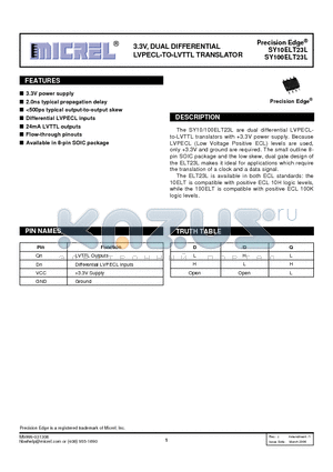 SY10ELT23LZG datasheet - 3.3V, DUAL DIFFERENTIAL LVPECL-TO-LVTTL TRANSLATOR