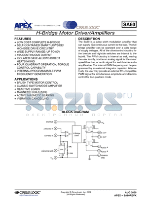 SA60 datasheet - H-Bridge Motor Driver/Amplifiers