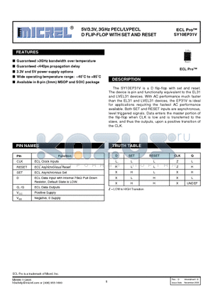 SY10EP31VKGTR datasheet - 5V/3.3V, 3GHz PECL/LVPECL D FLIP-FLOP WITH SET AND RESET