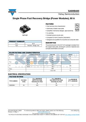 SA60BA60 datasheet - Single Phase Fast Recovery Bridge (Power Modules), 60 A