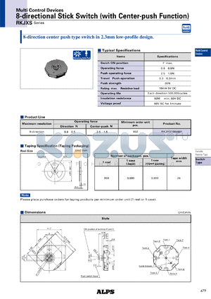RKJXS1004001 datasheet - 8-directional Stick Switch (with Center-push Function)